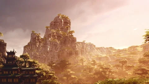 Mountains and trees with a temple in the landscape during sunset Stock Footage 345063983