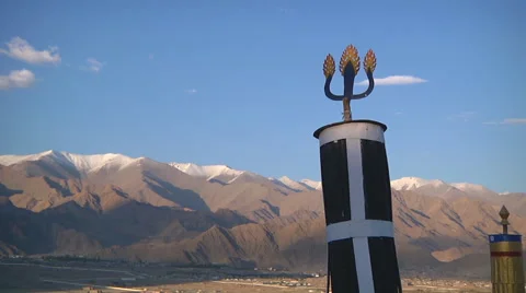 Mountains and trident at the Shey Monastery in Ladakh, India Stock Footage 47123663