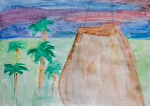 Mountains and volcano among palm trees and forests. Drawing Stock Illustration