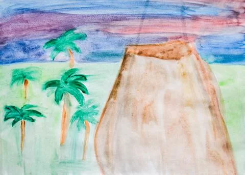 Mountains and volcano among palm trees and forests. Drawing Stock Illustration