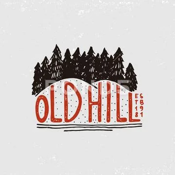 Mountains and wooden logo, coniferous forest. camping and wild nature Stock Illustration