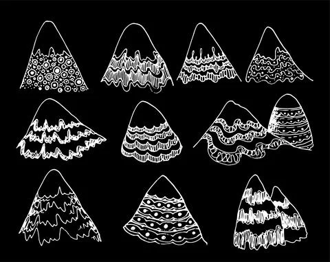 Mountains are a set with a textural pattern of lines and dots. hand - drawn Stock Illustration