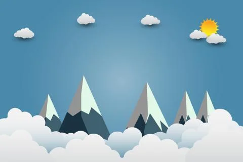 Mountains with beautiful sunsets over the clouds.paper art.vector illustratio Stock Illustration