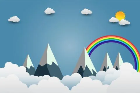 Mountains with beautiful sunsets over the clouds.paper art.vector illustratio Stock Illustration