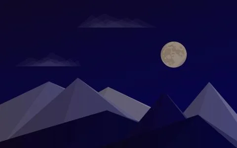 Mountains, blue sky, clouds and moon. Ilustração Stock