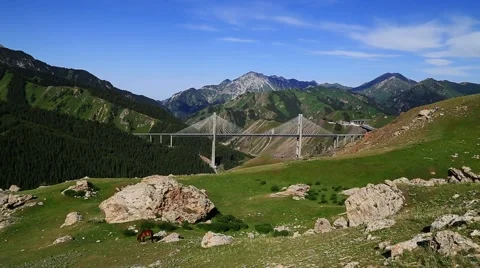 Mountains, bridge, Ili River Valley Vídeos de archivo 54945149