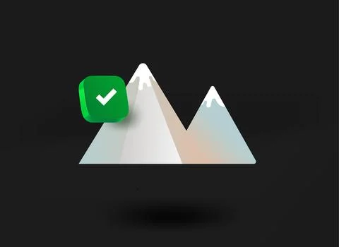 Mountains with checkmark icon. 3d vector illustration Illustrazione stock