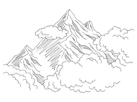 Mountains clouds graphic black white landscape sketch illustration vector Stock Illustration