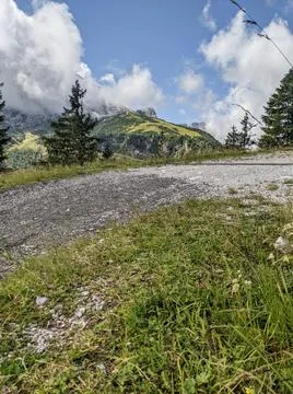 Mountains in the clouds with green trees Stock Photos
