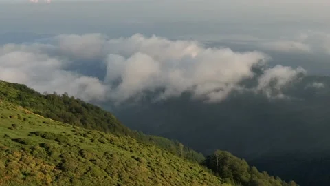 Mountains in clouds, View from drone above clouds of mountain village Stockbeeldmateriaal 237612666