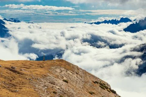 Mountains covered with clouds and view point, Tre Cime di Lavaredo, Italy Stock Photos