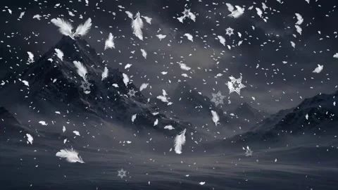 Mountains Covered in Snow with Falling Flakes and Fir Trees at Night 4K Stock Footage 342157621
