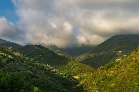 Mountains covered in trees with clouds above them in Tuscany, Italy. Stock Photos