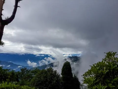 Mountains covered with trees ,white clouds and blue sky. Stock Photos