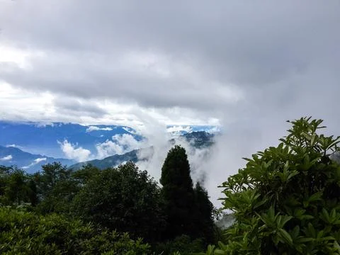 Mountains covered with trees ,white clouds and blue sky. Stock Photos