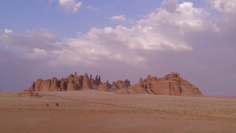 Mountains in desert, crane shot. Clouds, blue hour. Aerial 4K. Sand, rocks. Stock Footage 196830074