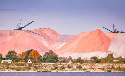 Mountains of empty ore when mining potassium. Belarus, Soligorsk Stock Photos