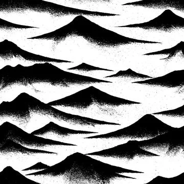 Mountains engraving seamless pattern, black and white vector Stock Illustration