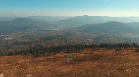 Mountains in the fall. Burnt grass. Trees in mountain Stock Footage 68358936