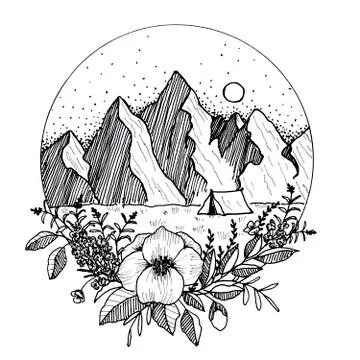 Mountains with flowers in a circle Stock Illustration
