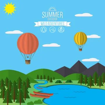 Mountains with forest and river trail landscape flat vector illustration, for Ilustração Stock