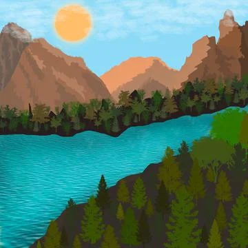 Mountains forest lake Stock Illustration