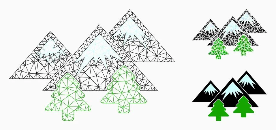 Mountains Forest Vector Mesh Wire Frame Model and Triangle Mosaic Icon Stock Illustration