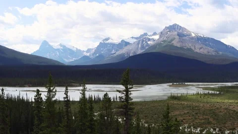 Mountains, forests and river at Saskatchewan crossing, Jasper National Park Stock Footage 252693783