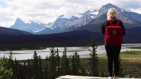 Mountains, forests and river at Saskatchewan crossing, Jasper National Park Stock Footage 252694458