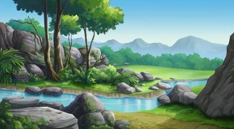 Mountains, forests and streams in the clear sky look very beautiful. Stock Illustration