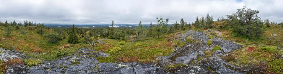 Mountains, forests, lakes panoramic view in autumn. Fall colors - ruska time  Foto stock