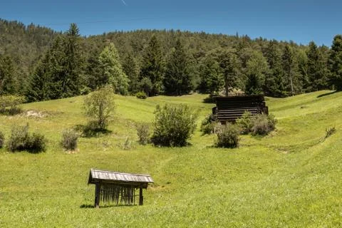 The mountains, green fields, meadows and forests Stock Photos