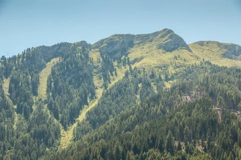 The mountains, green fields, meadows and forests Stock Photos