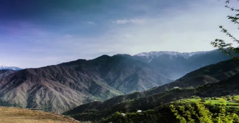 Mountains, greenery, trees, clouds, blue sky, slider timelapse Видео 247132915