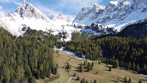 Mountains, greenlands, woodlands and the waterfall. Val S.Nicolò, Fassa, Italy. Stock Footage