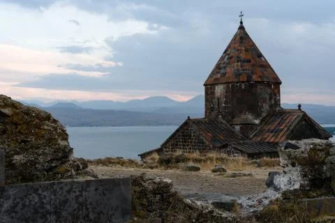 Mountains, Lake Sevan, Sevanavank Monastery in Armenia Stock Photos
