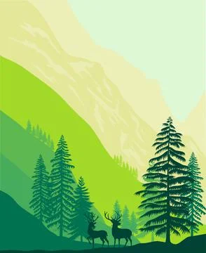 Mountains landscape with forest and pine tree and deer illustration Stock Illustration