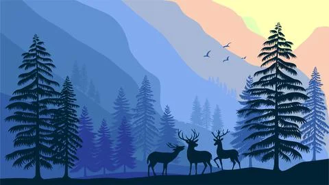 Mountains landscape with forest and pine tree and deer illustration Stock Illustration