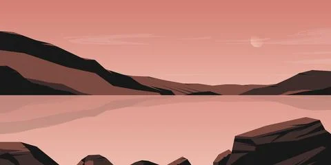 Mountains landscape. Panoramic view of high peaks over sea surface, nature Stock Illustration