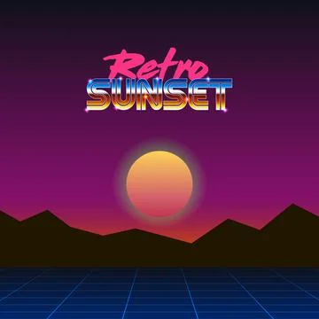 Mountains landscape under evening sun and text retro sunset Stock Illustration