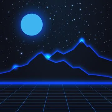 Mountains landscape under the full moon and starry sky Illustrazione stock