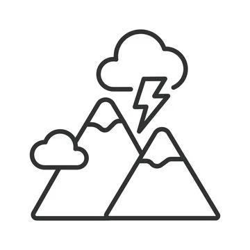 Mountains with lightning cloud icon in line design. Weather, storm, nature Stock Illustration