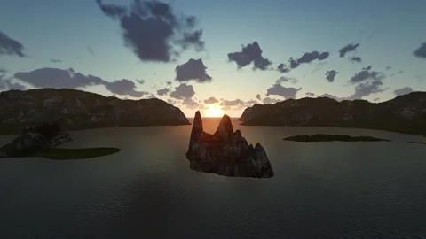 Mountains in the middle of the bay at dawn.3D Render Stock Footage 220960617