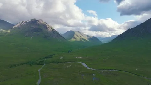 Mountains over Glen Etive and River Etive from a drone, Highlands, Scotland 스톡 동영상 245576075