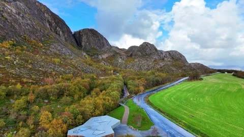 Mountains Path to the Mysterious Mountain Hole Norway fly Zoom drone 4K Stock Footage 287207208