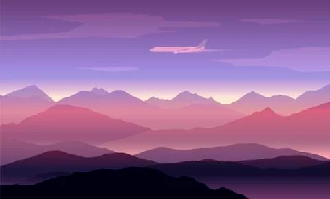 Mountains peaks background with plane Stock Illustration