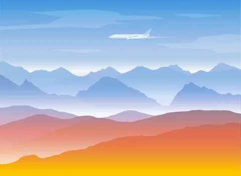 Mountains peaks background with plane Stock Illustration