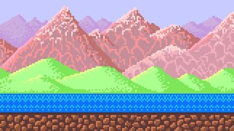 Mountains. Pixel art 8 bit objects. landscape background for the application or Illustrazione stock