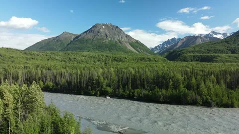Mountains protected by the river in Alaska Stock Footage 289476935