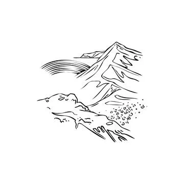 Mountains, rainbow, flowers sketch vector illustration Stock Illustration